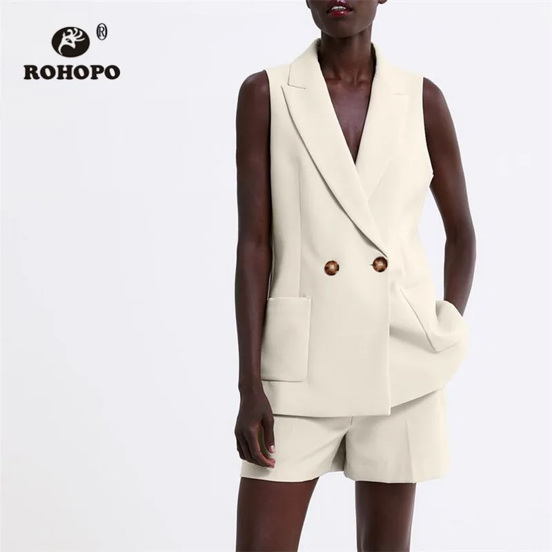 ROHOPO двухслойная женская бежевая жилетка с вырезанным воротником Тонкая Офисная