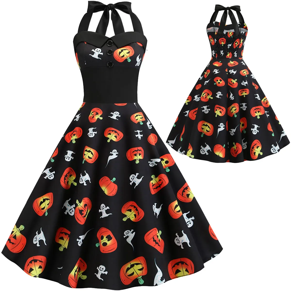

Women Halloween Costume Ghost and Pumpkin Printed Dresses Festival Rave Party Vintage 50S High Waist Halter Rockabilly Dress