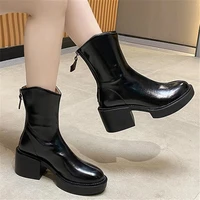 womens western booties 2022 chelsea boots female thick heel shoes spring mid calf round toe leather platform boots footwear