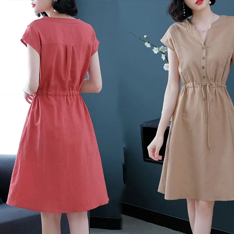 

Women's Spring Summer Style Women's Dress V-Neck Short Sleeve Slim Button Thin Section Chiffon Temperament Ladies SS3144