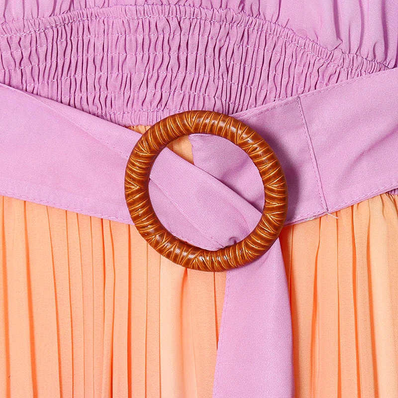 

SISPELL Print Hit Color Dresses For Female Stand Collar Off Shoulder Sleeveless High Waist Slimming With Belt Women's Dress 2021