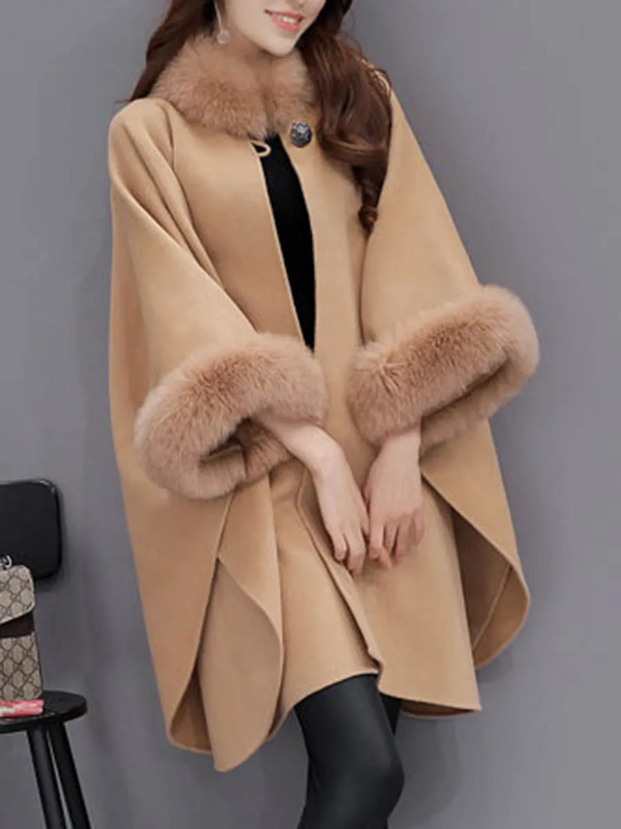 

New Vintage Woolen Coat Women Winter Loose Imitation Fox Fur Collar Stylish High Street Outerwear Elegant Office Lady Overcoat