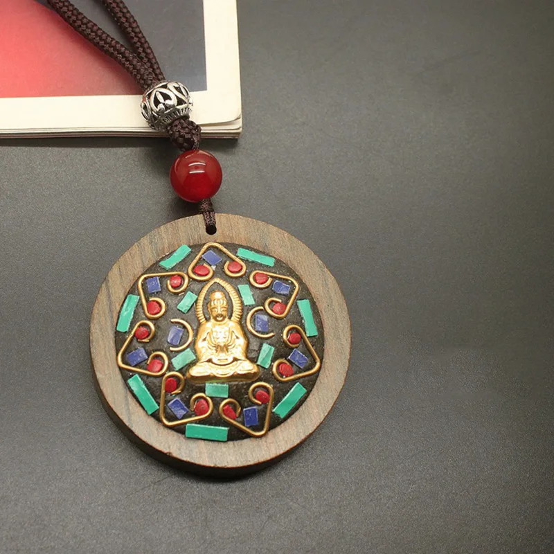 Natural Round Wood Pendant Necklace Sweater Chain Long For Men And Women Six Words Buddha Figure Casual Accessories Jewelry |