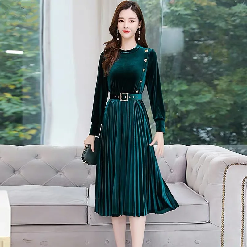 Женское бархатное платье на пуговицах элегантное винтажное плиссированное миди
