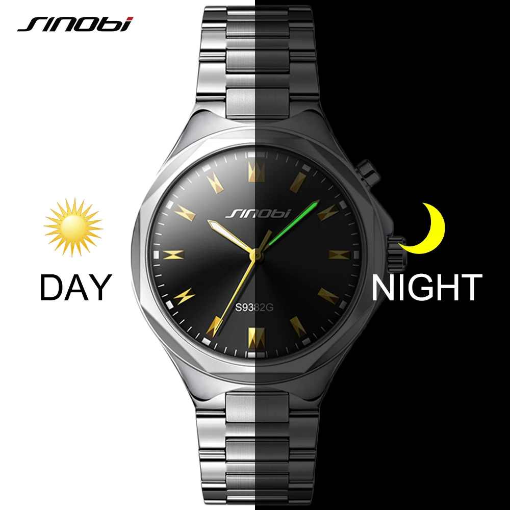 SINOBI Лидирующий бренд роскошные мужские наручные часы задний светильник стальной