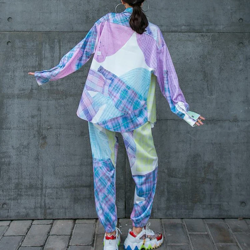 

VGH Casual Hit Color Shirt For Women Lapel Long Sleeve Patchwork Print Korean Loose Blouse Female Spring Fashion New Clothes