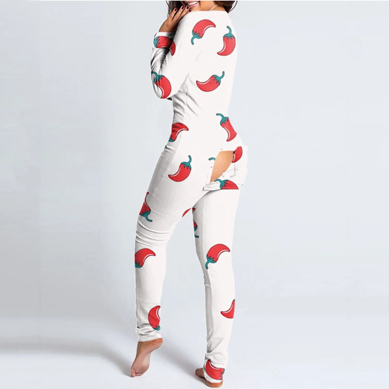 

Print Jumpsuit Women Casual Long Sleeve Button-down Front Functional Buttoned Flap Adults Playsuit Pajamas