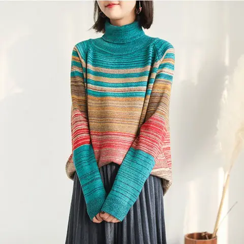 

Women's plus size colorful striped turtleneck sweater