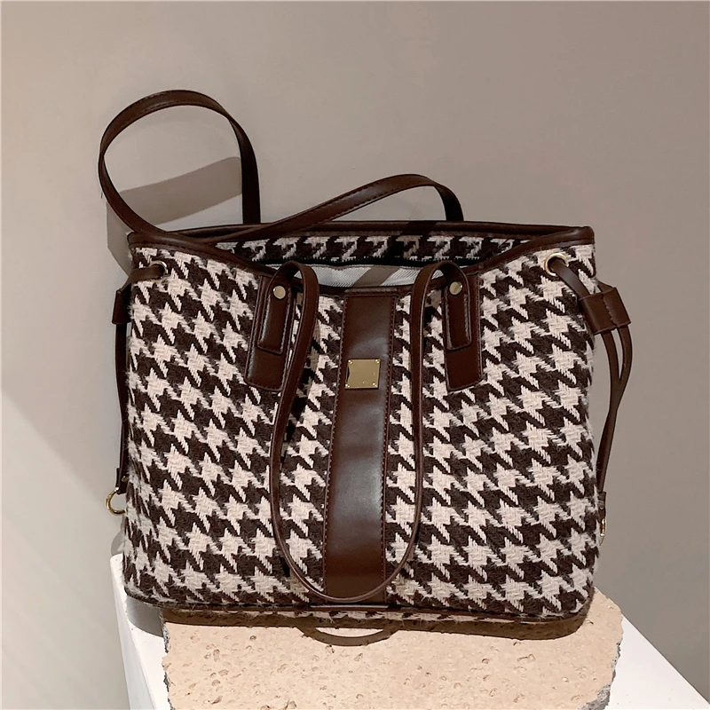 

Vintage Houndstooth Plaid Large Tote Shoulder Bags For Women Luxury Brand Designer Zebra Stripe Big Shopper Ladies Handbags 2021