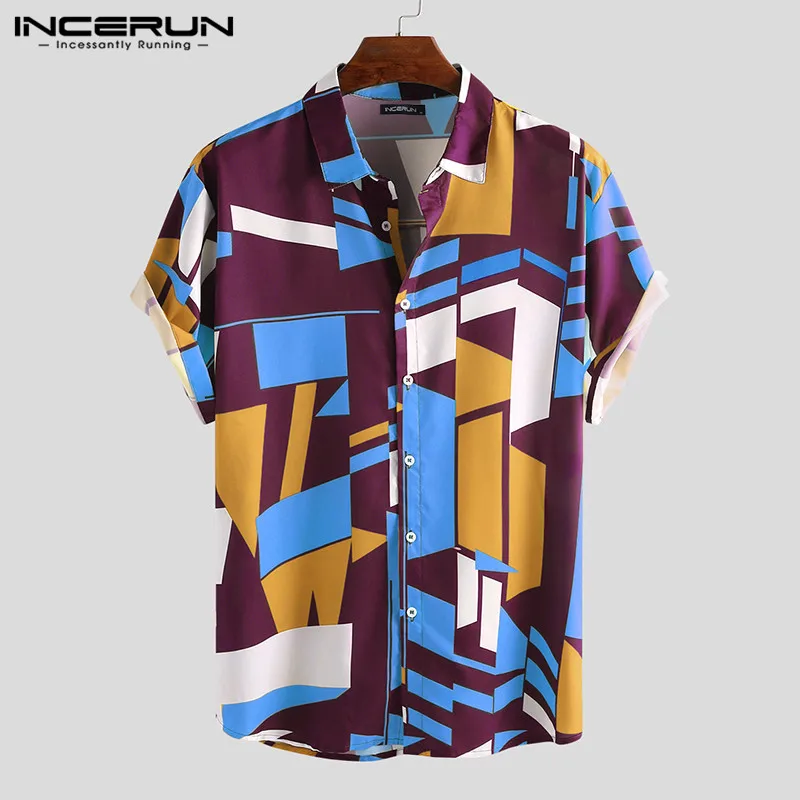 INCERUN Summer Men Hawaiian Shirt Geometric Print Short Sleeve Lapel Neck Button Casual Beach Shirts Men 2022 Streetwear S-5XL