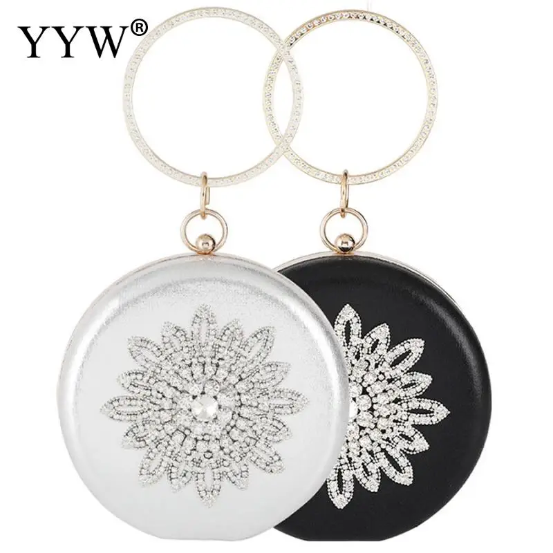 

Black Satin Evening Party Clutch Bag New Flap Round Crystal Women Clutch Bag Circle Ring Handbag Rhinestone Flower Wedding Purse