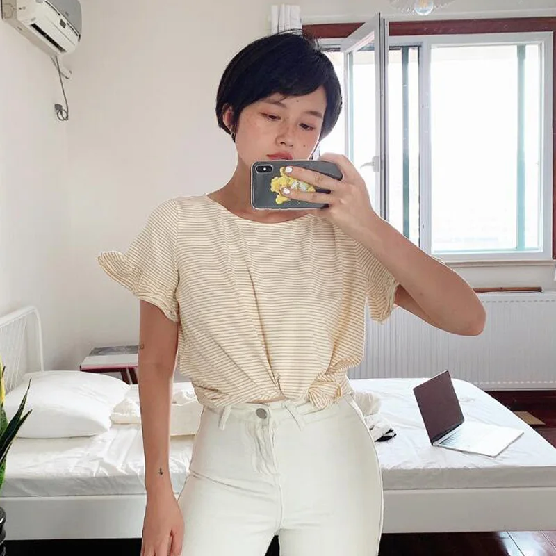 Женская футболка с короткими рукавами летняя рюшами и рисунком имбиря лето 2019 |