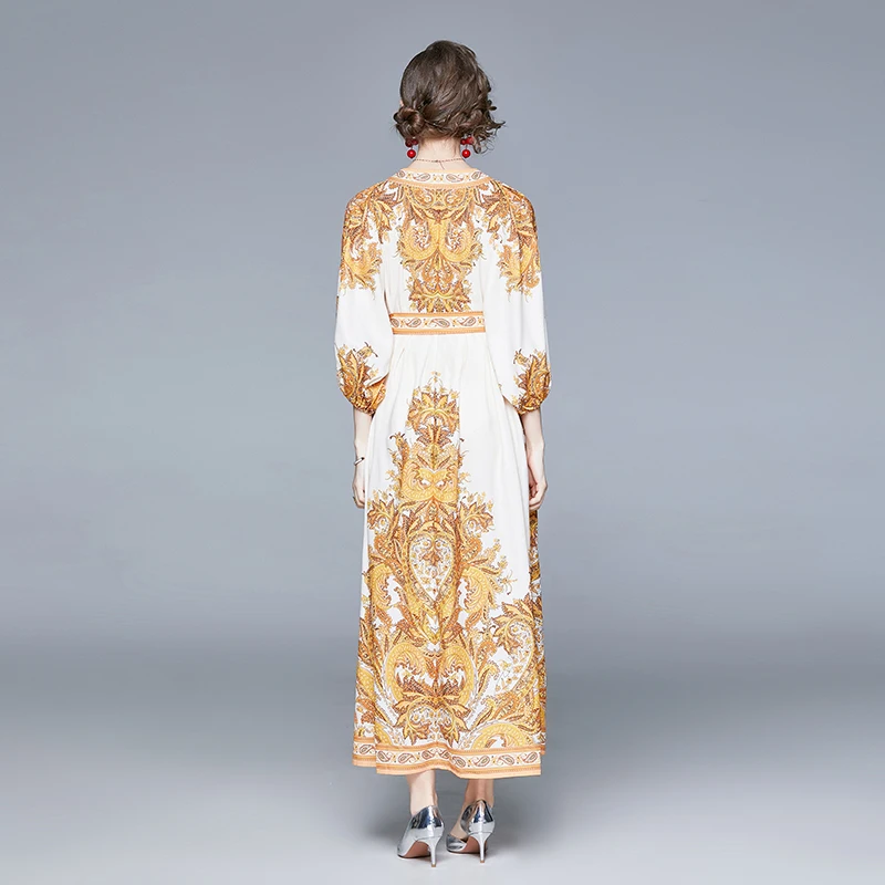 

Australia Style Big Shirt Dress Bat Sleeve V-neck Bag Buckle Maxi Dresses Women Vintage Printed Linen High Waist Holiday Dress