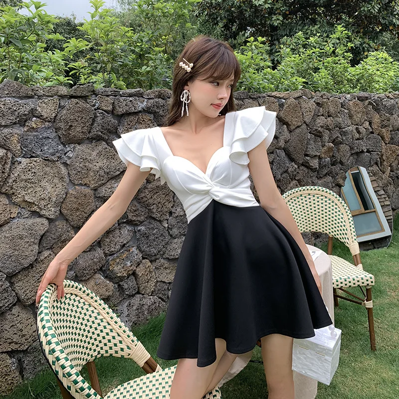 

Women Bathing Suit Swimsuit 2021 Korean 1 Piece Beachwear White Color Neck Accept High Waist Skirt Sen Summer One Print
