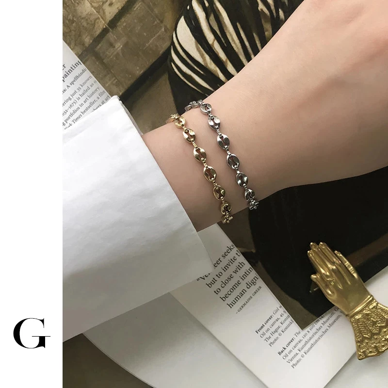 

GHIDBK Dainty Shaped Coffee Beans Chain Bangles Bracelets Minimalist Hollow Statement Bangle Designed Stainless Steel Bracelet