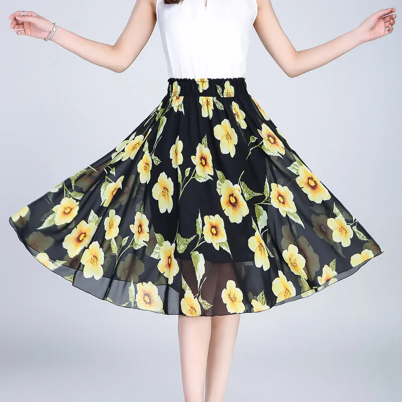 Юбка женская шифоновая средней длины с цветочным принтом и завышенной талией |