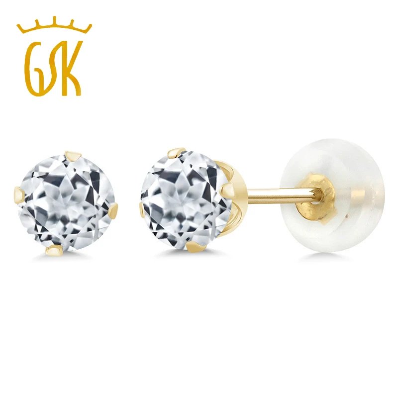 Роскошные винтажные женские серьги GemStoneKing из настоящего желтого золота 10 к, 1,20 карат, 5 мм, круглые серьги-гвоздики с натуральным белым топазом, ювелирное изделие