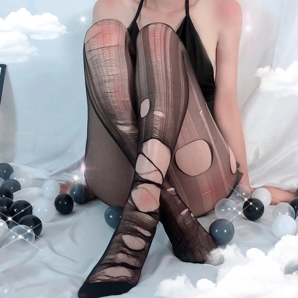 

Sexy Transparent Breathable Pantyhose Ultra-thin Ripped Hole Stockings Hollow out Mesh Stretchy Pantyhose Body Tearable Tight