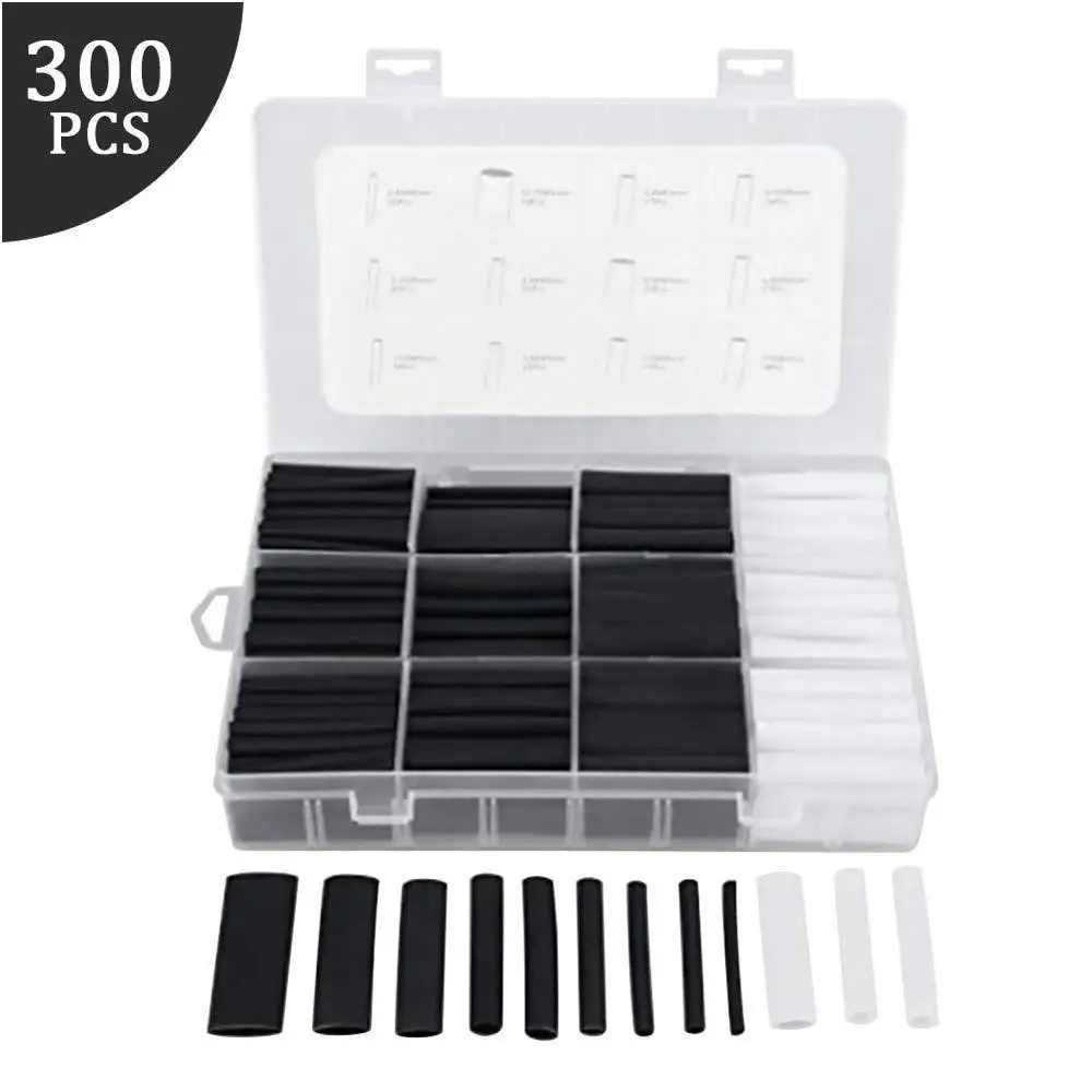 300pcs Set Heat Shrink Tube Assorted Insulation Shrinkable 3:1Black Whit Combined flame retardant sleeve with rubber