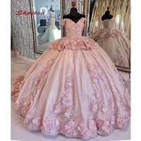 Pink Lace Quinceanera Dresses Plus Size Ball Gown Masquerade Princess Girl Beads Flowers Long Sweet 16 Prom Dresses for 15 Years