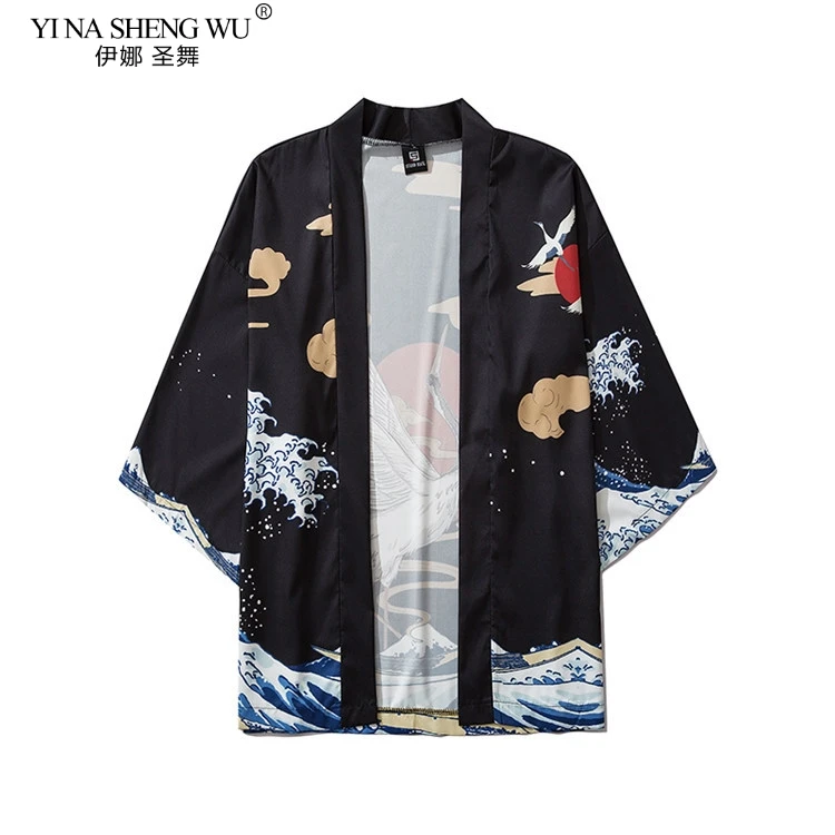 

Japanese Style Crane Print Wave Kimono Women Men Cardigan Shirt Yukata Haori Obi Clothing Vintage Tradition Blouse Beach Clothes