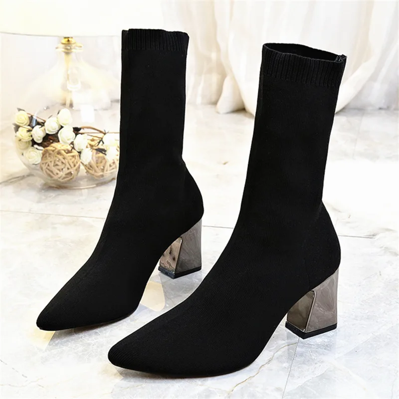 

Socks boots / winter 2021 new high women's autumn heel thick heel knitted elastic boots medium tube large women's Boots