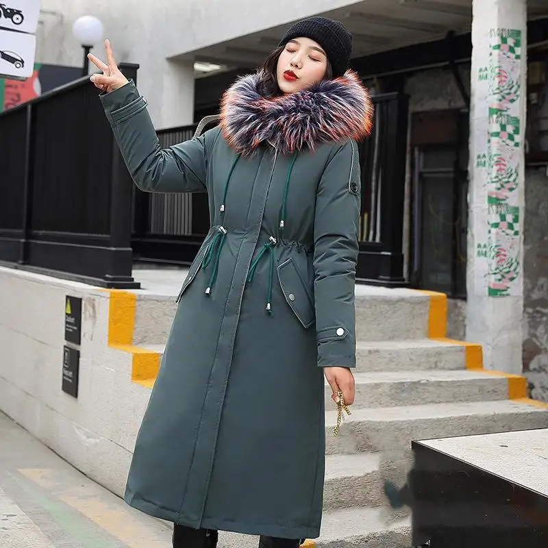 Женская длинная парка большого размера с меховым воротником и капюшоном
