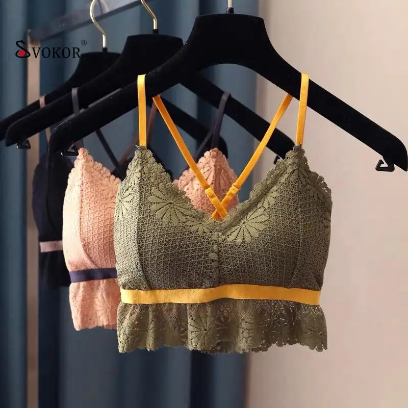 

SVOKOR Vintage Lace Stitching Bralette Sexy V-Neck Cross Shoulder Strap Backless Bra Wireless Push Up Lingerie