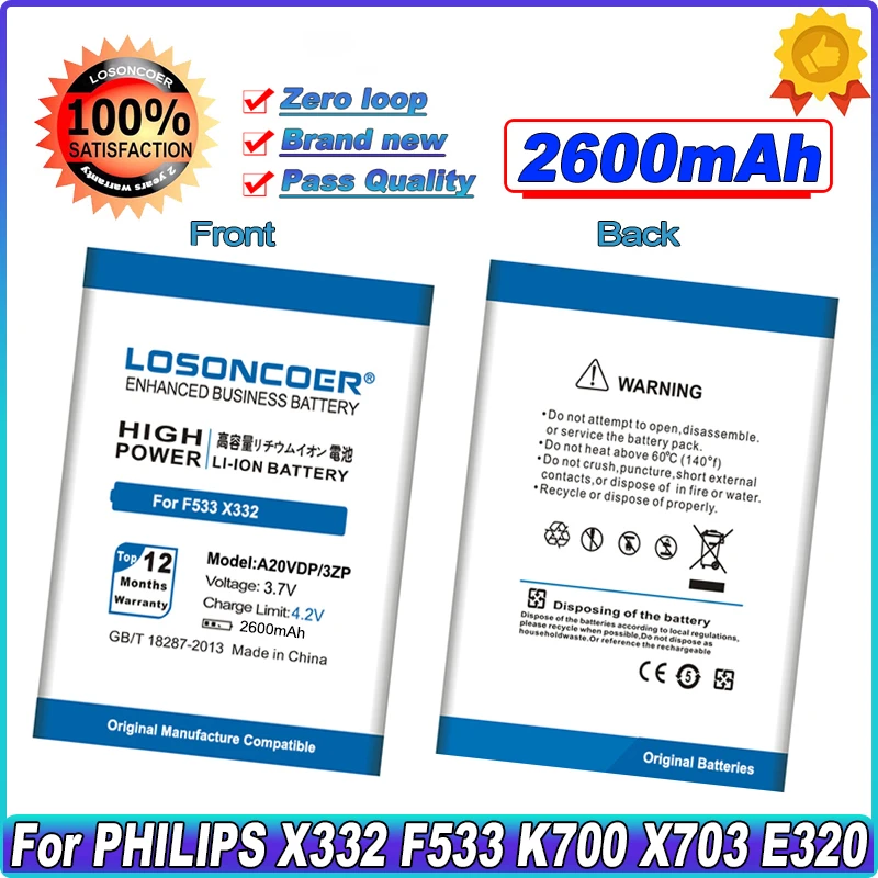 

Аккумулятор LOSONCOER 2600 мАч A20VDP/3ZP для Philips F533 X332 CTF533 CTX332