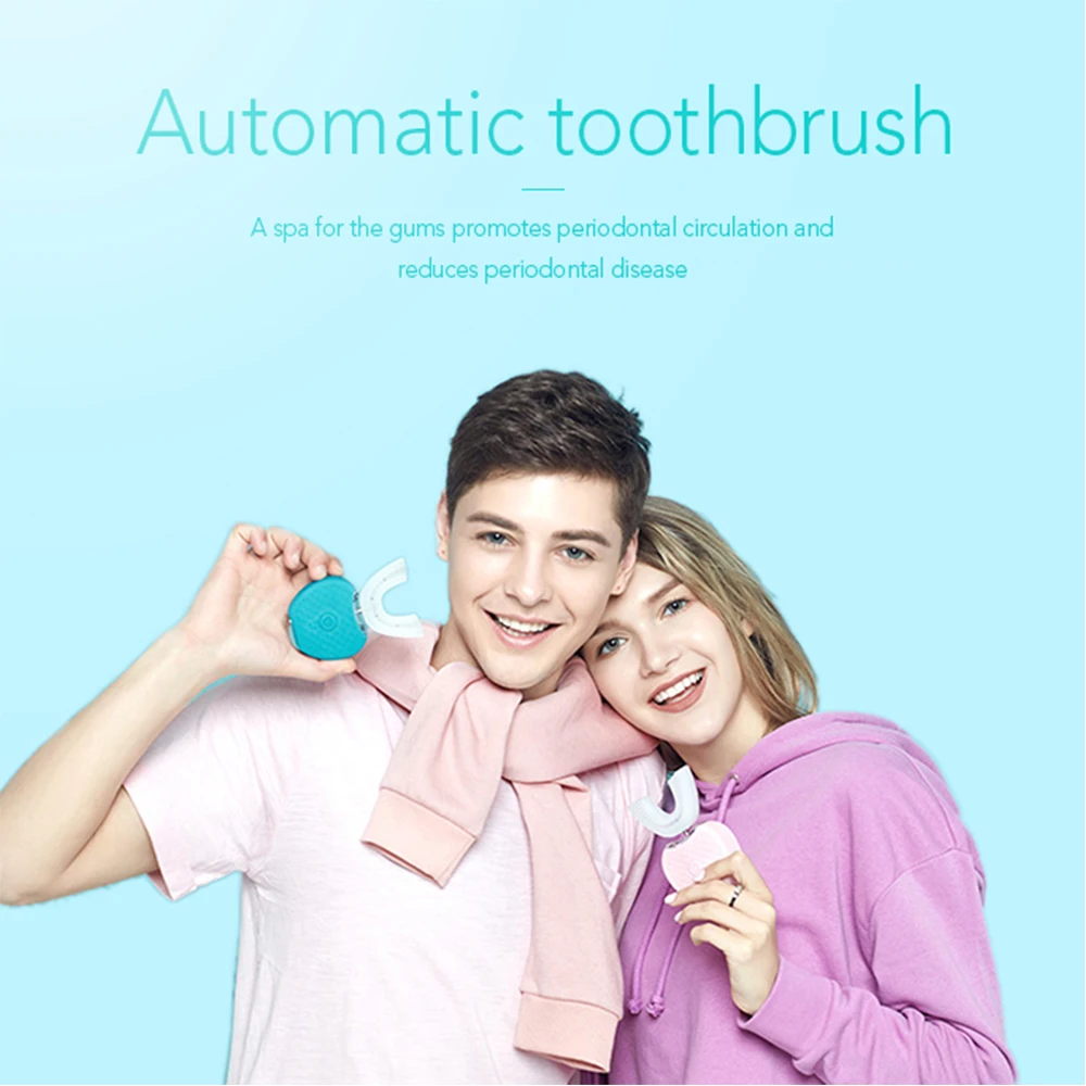 

360 Degrees Intelligent Automatic Sonic Electronic Toothbrush USB Rechargeable U Shape with 4 Modes Timer Blue Light Toothpaste