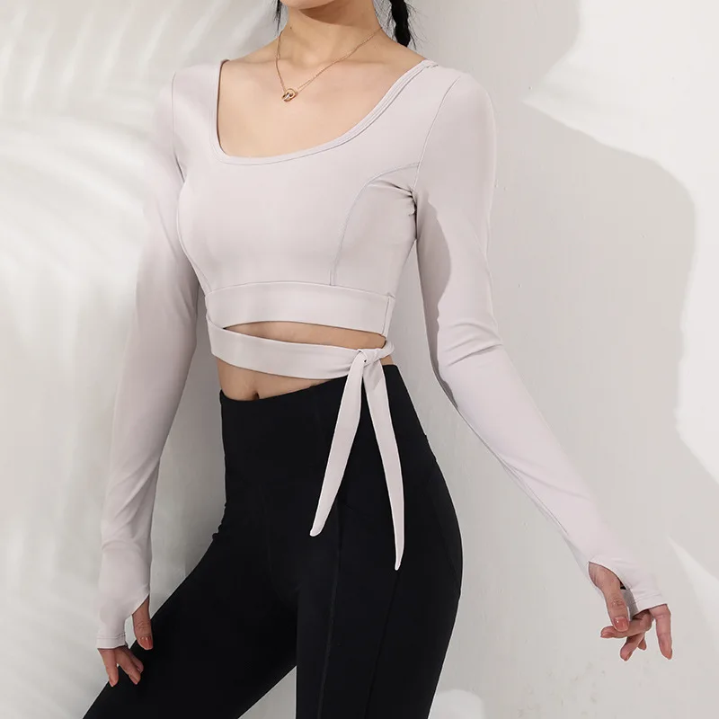 

Yoga Shirts Women Autumn New Various Ways To Wear Bandage Tight Long-Sleeve U-Neck Workout Running Sports Tops With Chest Pad