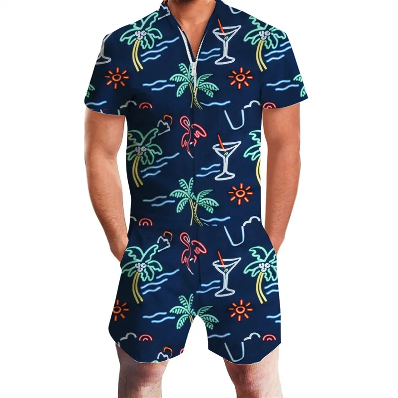 hawaii New Mens Rompers 90s Jazz Solo 3D Paper Cup Printed Jumpsuit Harem Cargo Overalls Summer Hip-Hop Casual Bibs Pants Dropship - Цвет: hawaii