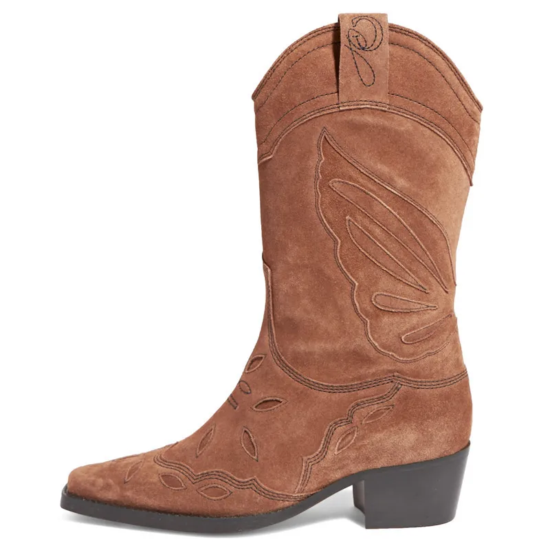 Brown Suede Шикарные ботинки с узором в виде крыльев женские ботинки до середины икры с квадратным носком на среднем квадратном каблуке; коллекция года; сезон осень; Лидер продаж; Разноцветные Женские ботинки - Цвет: Brown Suede