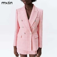 mxtin 2021 women spring vintage tweed blazers and jackets fashion double breasted long sleeve slim business female blazer coat