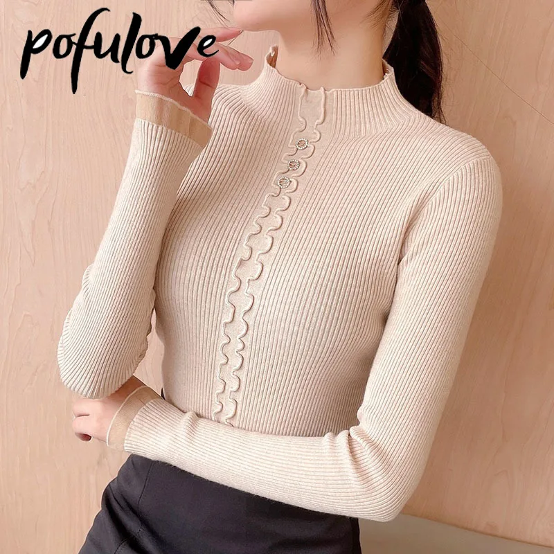 

Sweater Women's Half Turtleneck Knitwear Long Sleeve Korean Slim Pure Color Pullover Ladies Trending Sweater Autumn and Winter