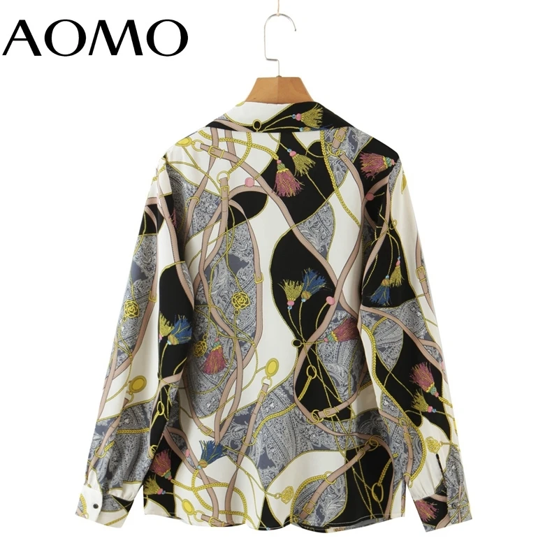 

AOMO Women Vintage Green Chain Print Shirt Long Sleeve 2021 Chic Female Casual Loose Shirt SL356A