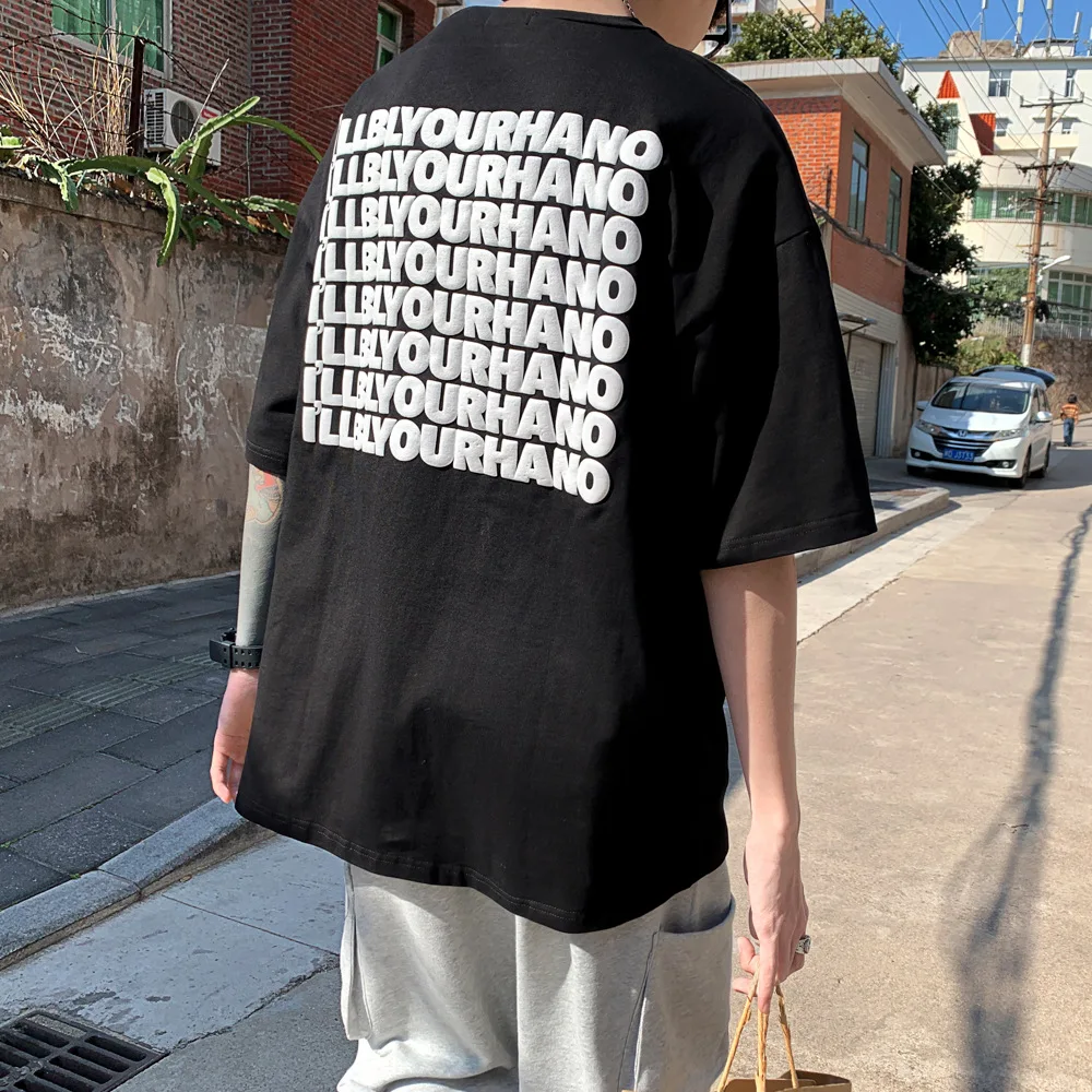 

2021 net red t-shirt boys ins super-fire summer port wind short-sleeved tide card simple 100-by-five-sleeve trend