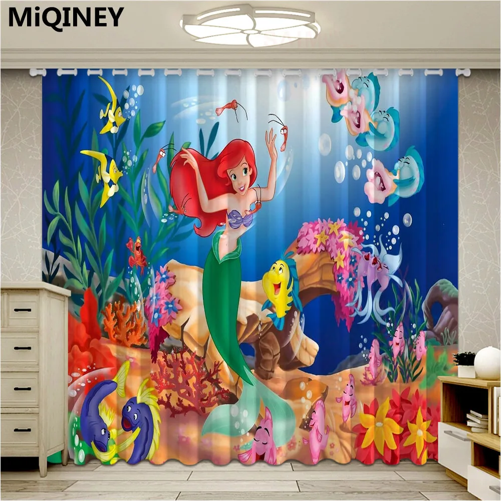 

New The Little Mermaid Curtains for Window Cartoon Kids Blinds Finished Drapery Rideaux Curtain Parlour Room Blackout Curtains