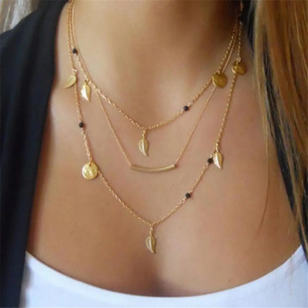 

Fashion Women Jewelry Multi-layer Black Beads Leaf Short Style Choker Necklace