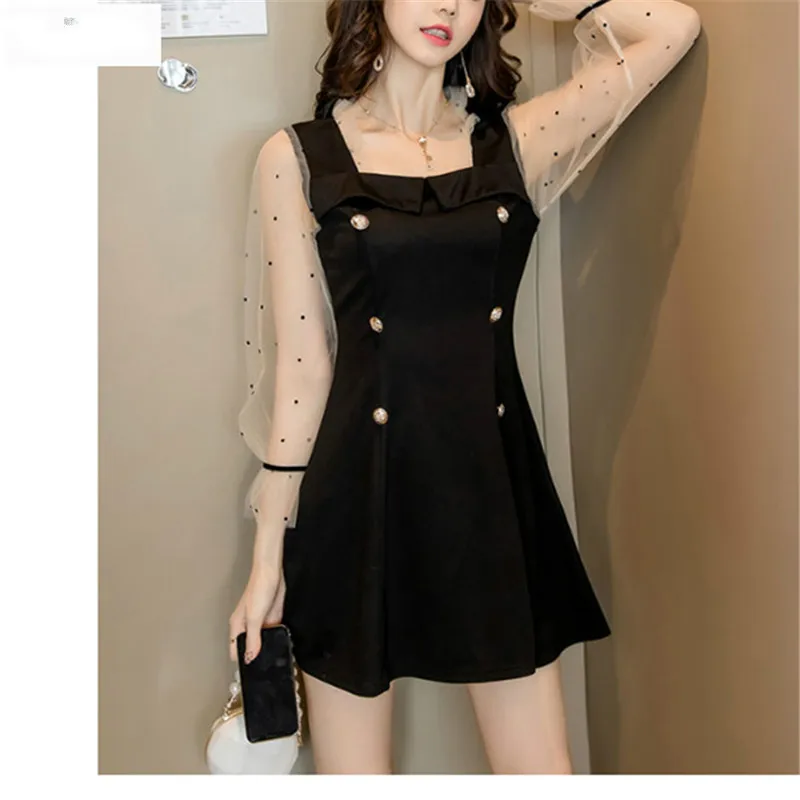 Женское двубортное платье в горошек черное Сетчатое Корейском стиле модель 2019