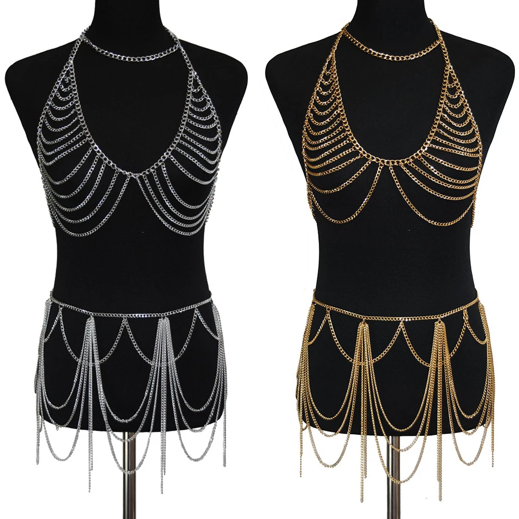 

Lady Girls Bikini Bralette Chain Harness Necklace Belt with Fringes