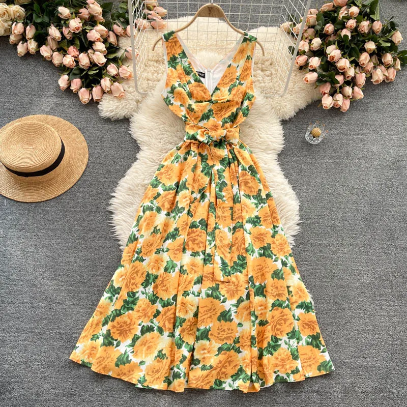

Floral Print Sexy 2021 New Spring Summer Casual Fashion Ladies Dress Sleeveless High Waist Bandage V Neck Women's Dress