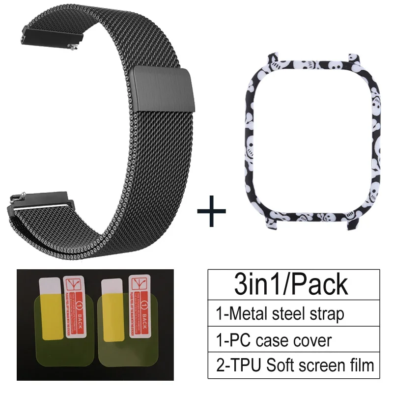black-Shantou F 3 в 1 Аксессуары для Amazfit GTS ремешок с чехол металлический Миланский Браслет для Huami Amazfit GTS Band Защитная пленка для экрана - Цвет: black-Shantou F
