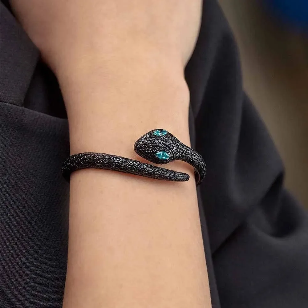 【MeibaPJ】 S925 Sterling Silver Simple Exotic Blue Eye Black Snake Shaped Bracelet Fine Fashion Jewelry Luxury Brand For Women |