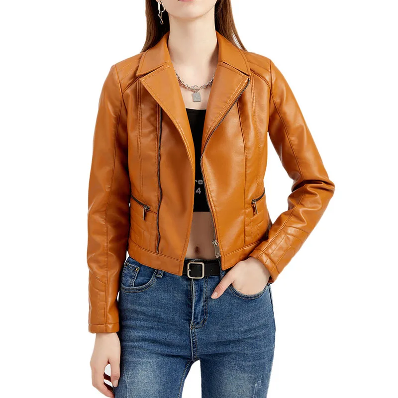 

Женская короткая куртка из ПУ кожи, с лацканами, Размеры S/XXL