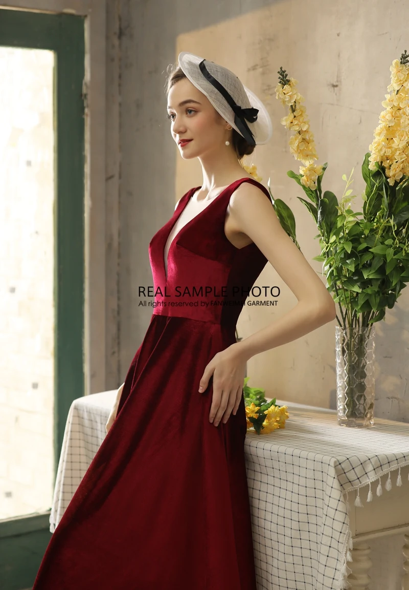

velvet wine red tea-length cheap evening dresses FACTORY PRICE REAL SAMPLE PHOTO