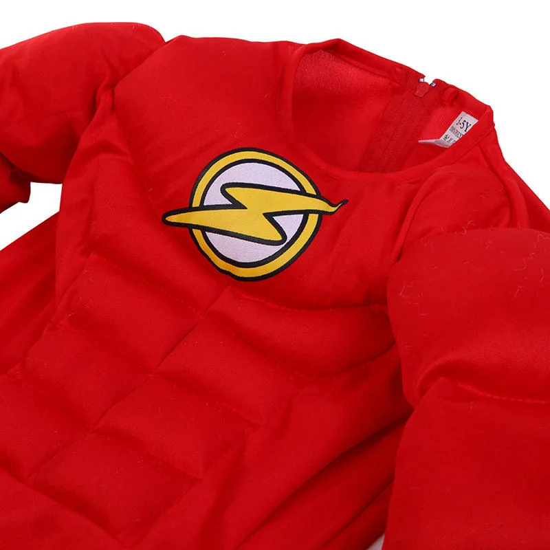 

Boys Cool Superhero Costume Kids Cosplay Clothing Jumpsuit Belt and Mask Set Halloween Outfit The Fastest Man Super Power Armour