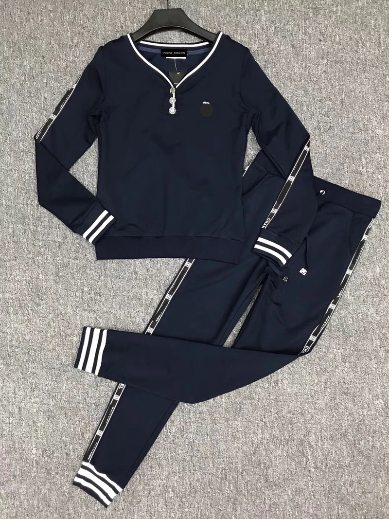 

Women's cotton v-neck long sleeve two-piece black and blue casual suit