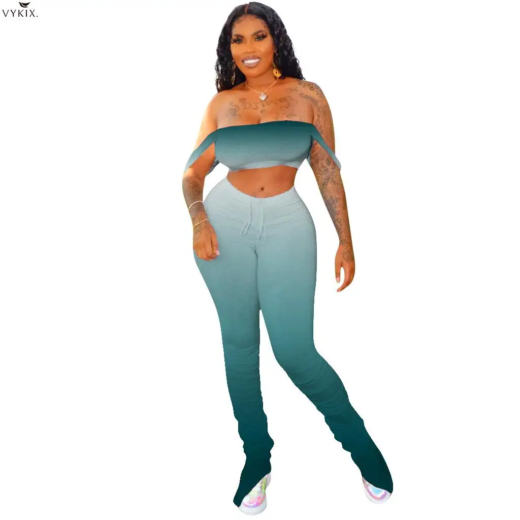 

Sport Women Gradient Stacked Jogger Two Piece Set Crop Tops Bell Bottom Sweatpants Suit Tracksuit Matching Sets Clubwear Outfits
