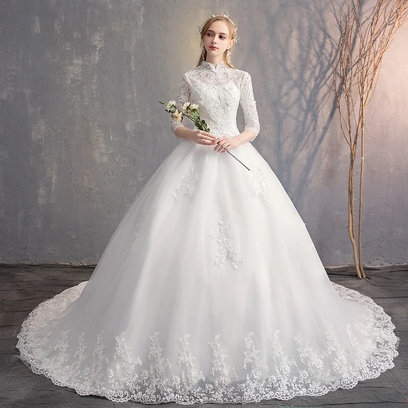 Vestido de Casamento Nupcial de Luxo Rendas até Vestidos de Casamento sem Mangas Tamanho Grande Alta Pescoço Cerimônia